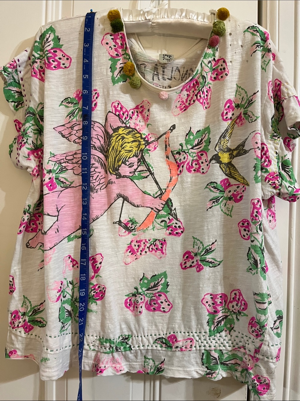 Altered Magnolia Pearl White Top with Pink & Green Cupid Print